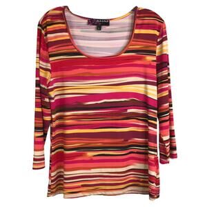 Peck &  Peck Top Womens Sz L Orange Maroon Black Striped Scoop Neck Long Sleeves